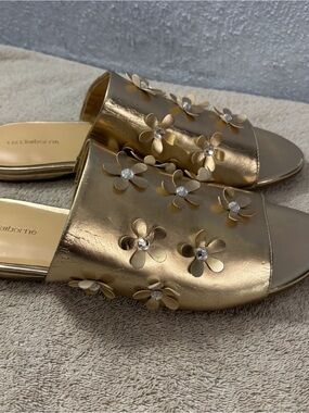 Liz Claiborne Metallic Gold Foil Leigh SZ 9 M Floral Deco  Slide Sandals Platino